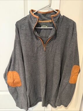 Orvis Men's Gray Zip-Up Sweater with Tan Elbow Patches